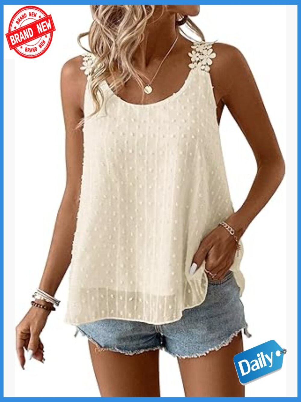 Flowy Sleeveless Tank Top with Lace Straps Swiss Dot Chiffon Boho Camisole